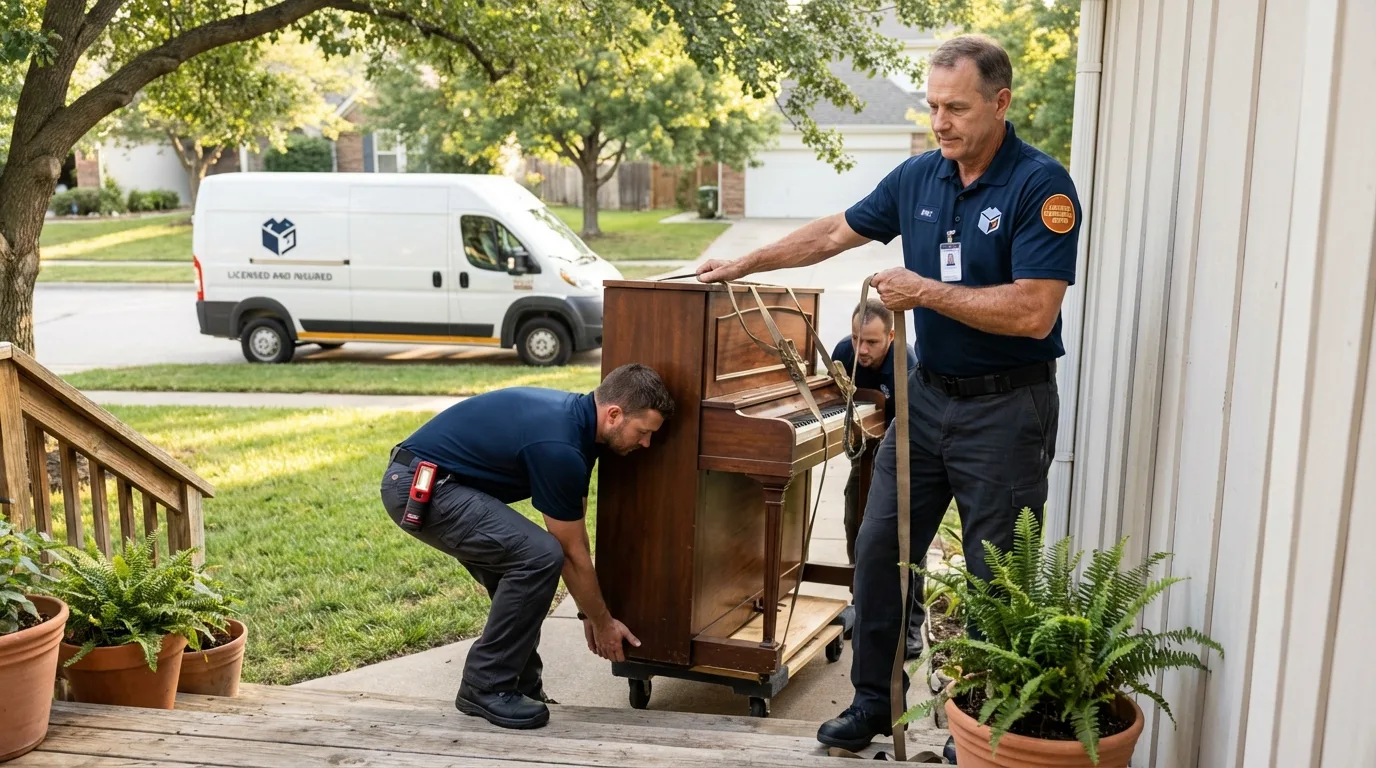 Licensed piano movers securing grand piano in Rome, NY