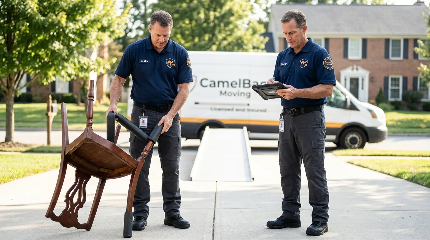Movers inspecting furniture for damage prevention before loading in Rome, NY